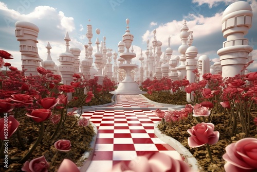 3D-rendered maze garden with chess, golden flamingo, red flower trees, clouds. Alice in Wonderland theme. Generative AI © Melisande