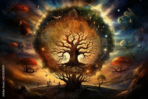Astrology symbols cosmic connection through tree of life. Generative AI