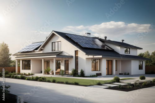 newly constructed homes with solar panels on the roof under a bright sky
