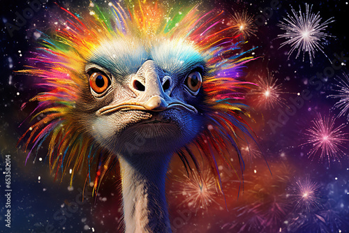 portrait of an ostrich with fireworks in the background, new year party, colorful art