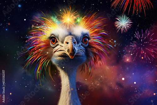 funny ostrich with fireworks in the background, happy new year, copy space