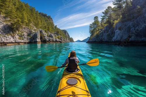 Person kayaking along a serene river, River Adventures: On-Demand Paddle Excursions, Back view Waterway Exploration, Aquatic Journeys photo