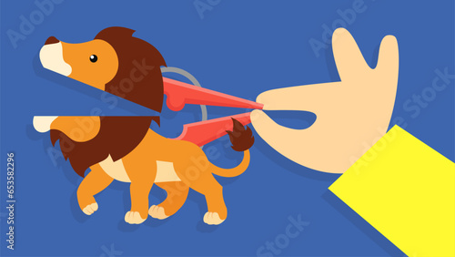 Vector illustration of a lion on a clothespin on a blue background.