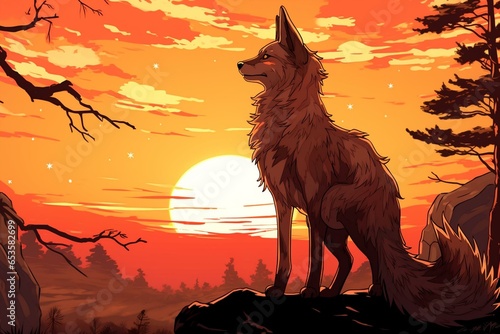 A manga-style drawing of a fox against a sunset backdrop. Generative AI