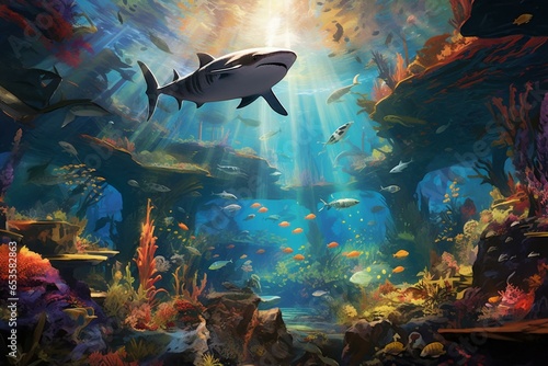 stunning underwater scene with a mix of rays, sharks, and colorful fish. Generative AI