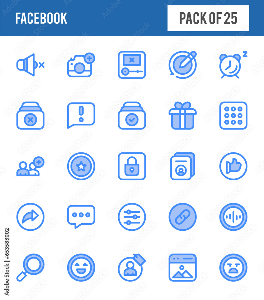 25 Facebook Two Color icons pack. vector illustration.