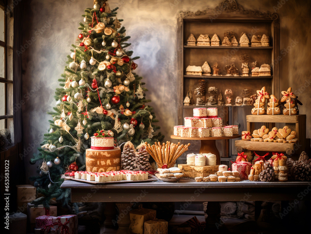 Christmas celebrations inside a bakery background with Christmas Tree - ai generative