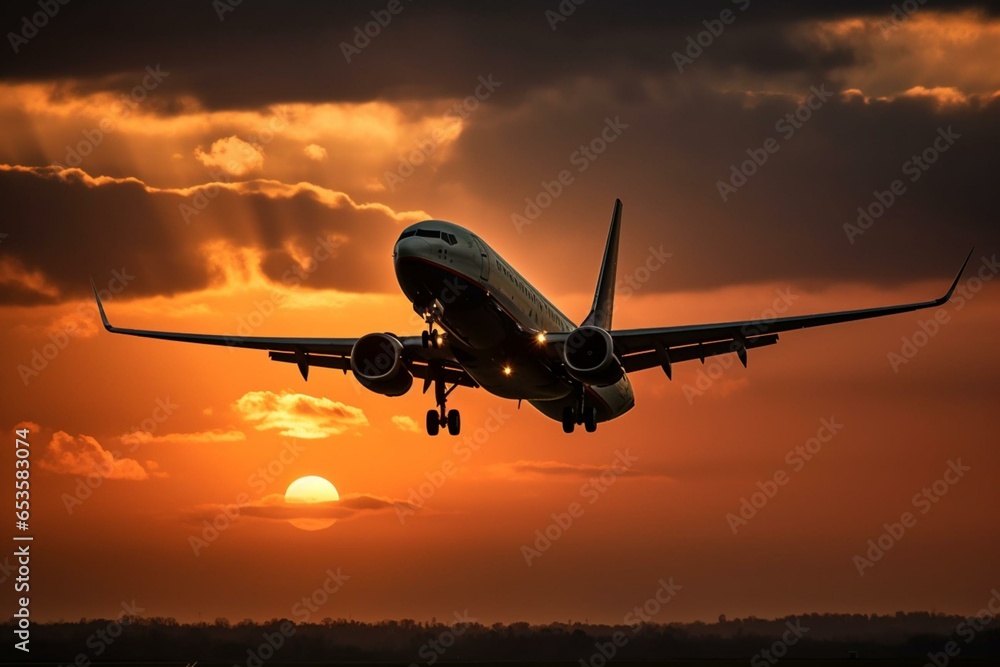 An airplane departing during sunset. Generative AI