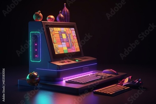 Close up of laptop computer on pedestal with creative slot machine and other games. 3D rendering. Generative AI