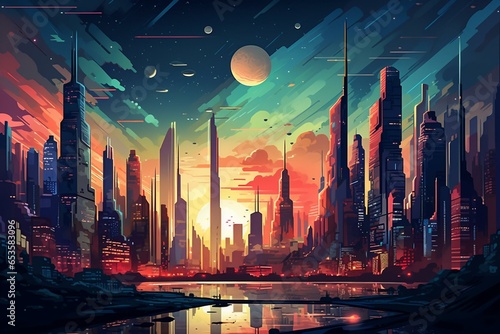 Illustration of a futuristic cityscape in a flat cartoon style. Generative AI