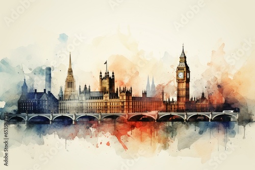 Illustration portraying London's skyline using watercolor. Generative AI
