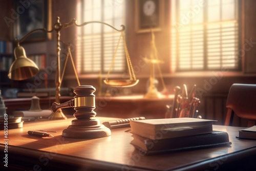 Legal office with judge's gavel, soundboard, desk in courtroom, blurred scales of justice. Generative AI © Miriam