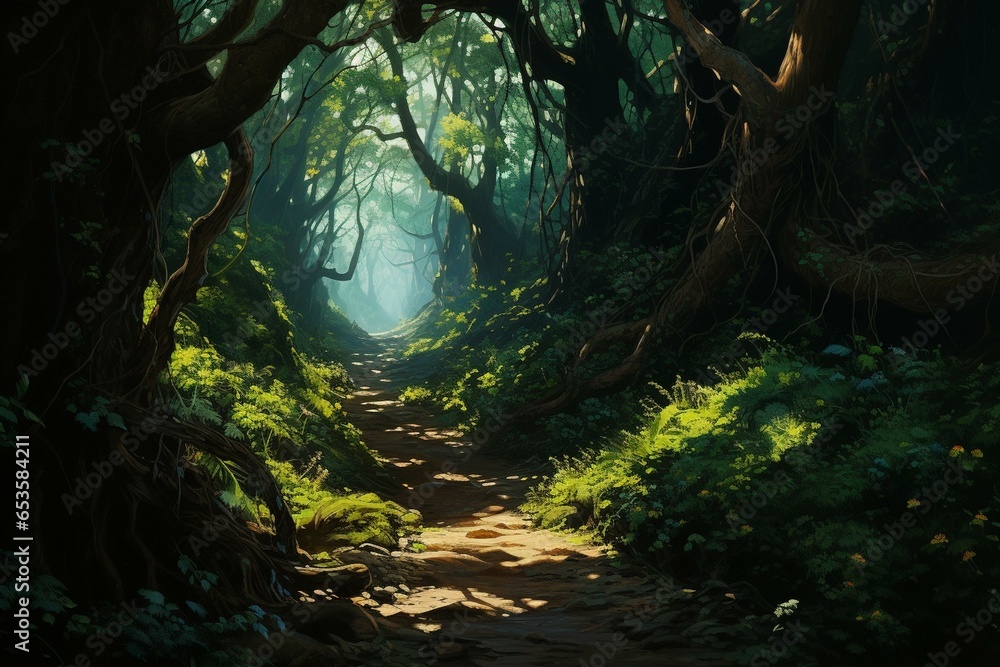 Mysterious, overgrown trail winds through dense woods, immersed in magical light seeping through lush foliage. Generative AI