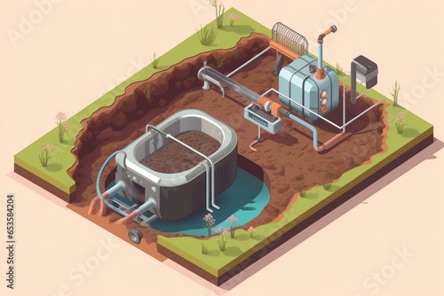 Illustration of a modern septic tank system with a flushing toilet and underground containment. Generative AI photo