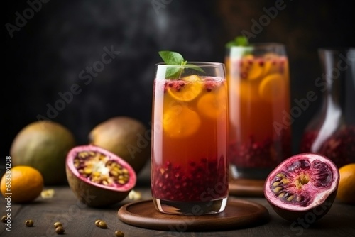 Delicious passion fruit beverage adorned with vibrant grenadine. Generative AI