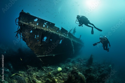 A scuba diver exploring a cryptic shipwreck in deep ocean waters. Generative AI photo