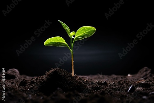 A green plant emerging from soil with leaves on top, against a dark and black background. Generative AI