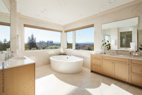 An expansive bathroom with a bathtub, sink cabinet, and a panoramic window. Generative AI
