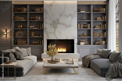 Luxurious living room with marble wall fireplace and stylish bookcase in a modern country house design, featuring wood, LED light, gray furniture, and gold elements. Generative AI