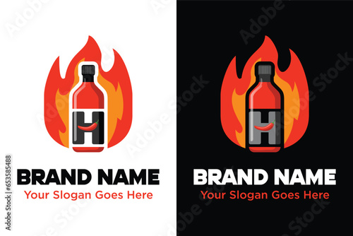 Letter H Spicy sauce in red bottle. Ketchup, hot tomato and chili sauce in bottle, red chili pepper and yellow fire illustration logo design