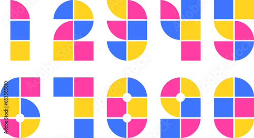 Geometric colorful numbers set. Digital style simple stylized numerals shapes. 