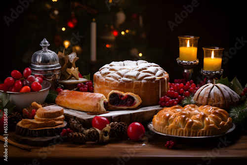 Christmas food concept, selection of pies, appetizers and desserts,handmade.