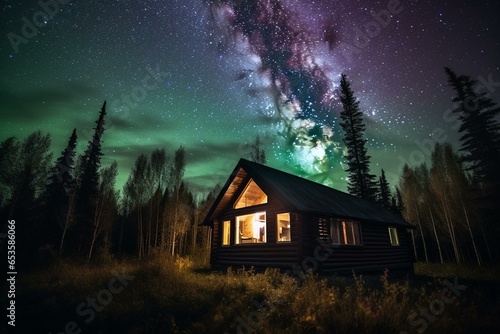 A cabin with an aurora borealis and trees in the background, and a dark sky with stars and more aurora bores. Generative AI © William