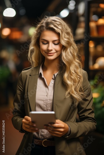 Woman checking her email on her tablet, receiving an email confirmation for her successful online order, Generative AI