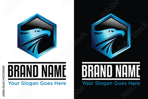 simple modern hexagon blue mettalic eagle bird illustration logo design