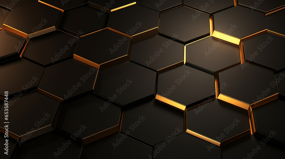 Luxury hexagonal abstract black metal background with golden light lines. Dark 3D geometric texture illustration. Bright grid pattern. Pure black horizontal banner wallpaper. Generative Ai - obrazy, fototapety, plakaty 