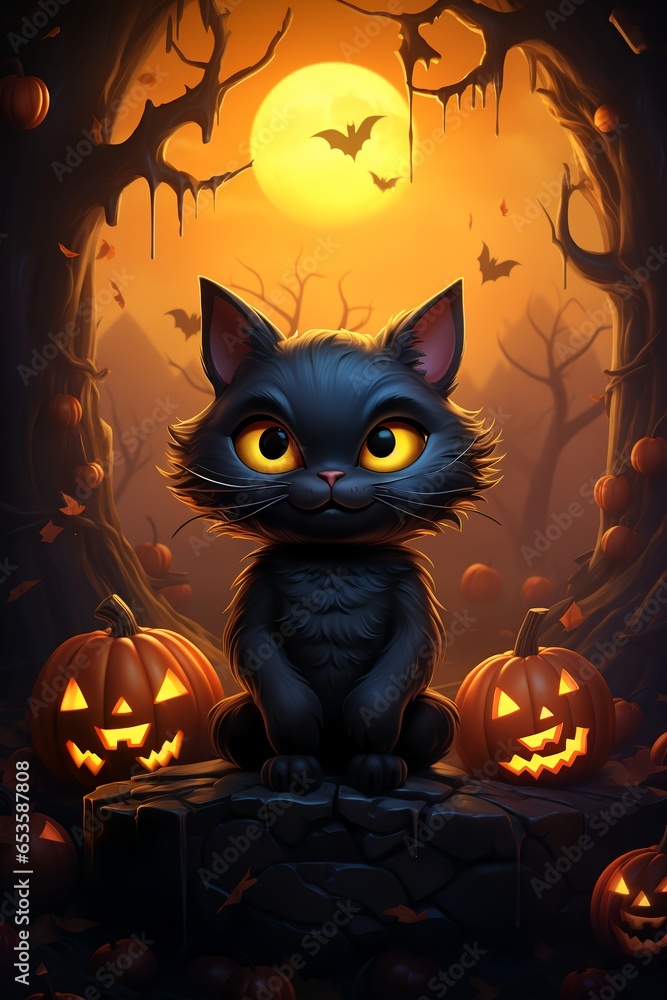 Cute black cat, Halloween cat against the backdrop of a spooky forest and surrounded by pumpkins. AI Generated Cute black cat, Halloween cat against the backdrop of a spooky forest and surrounded by pumpkins. AI Generated