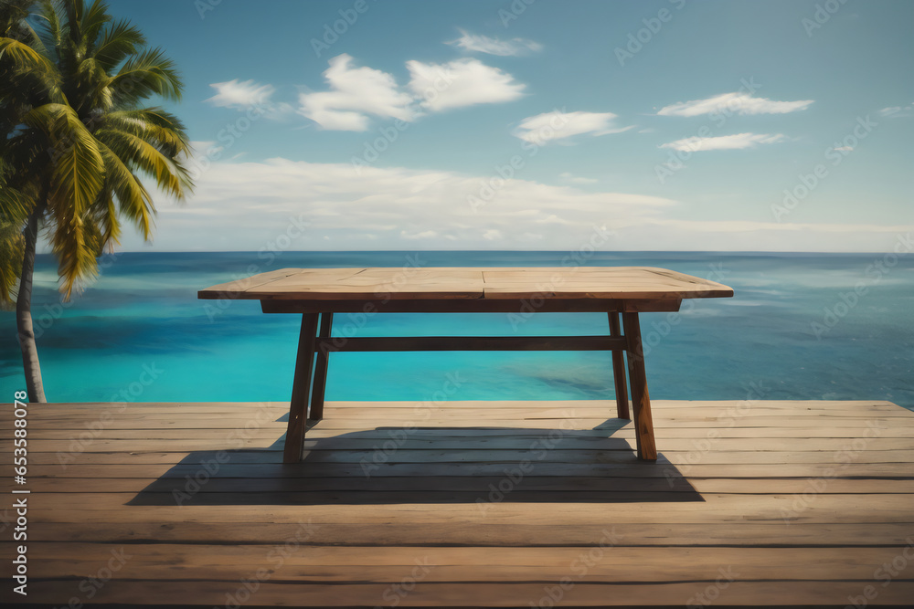 Wooden table on the background of the sea, island and the blue sky