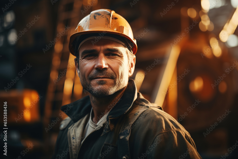 Adult smiling male technician worker in a yellow hardhat at a factory looking away Adult smiling male technician worker in a yellow hardhat at a factory looking away
