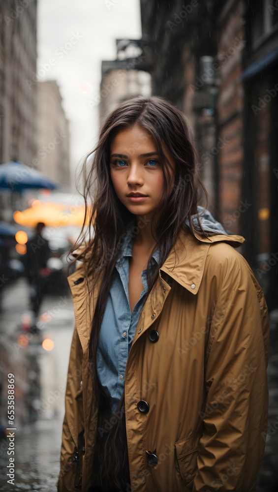 portrait of a girl with blue eyes standing on the street