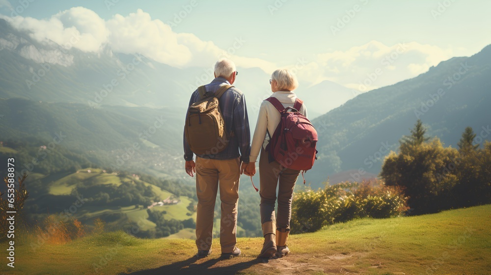 An active senior couple is seen traveling, hiking through a picturesque mountainous landscape. They are dressed in hiking gear, carrying backpacks, and enjoying the breathtaking scenery around them.