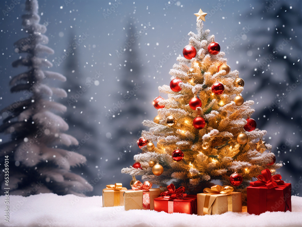 Christmas celebration background with Christmas Tree and gifts - ai generative