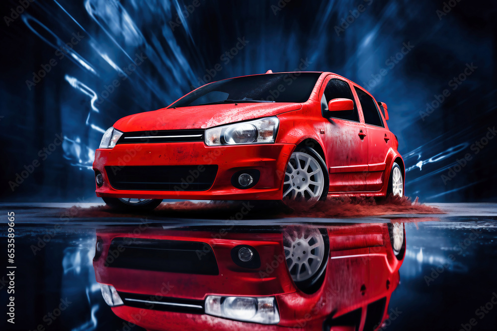 Obraz premium Photo of a red sports car speeding through rain-soaked city streets