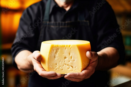 Photo of a man holding a piece of cheese in his hands