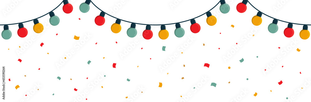 Fototapeta premium Guirlande d'ampoules, confettis et cotillons - Bannière festive - éléments vectoriels éditables colorés autour de la célébration de fêtes - Couleurs vives - Festivités réjouissantes - Style de vie