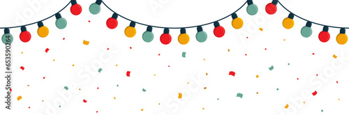 Tablou canvas Guirlande d'ampoules,  confettis et cotillons - Banni√®re festive - √âl√©ments v