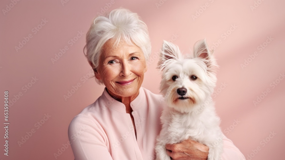 Smiling senior woman and her pet dog indoors.