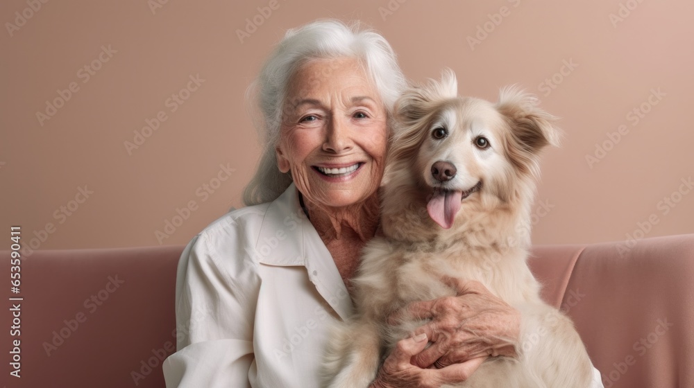 A senior woman wearing a smile while cuddling her dog in a studio setting. A senior woman wearing a smile while cuddling her dog in a studio setting.