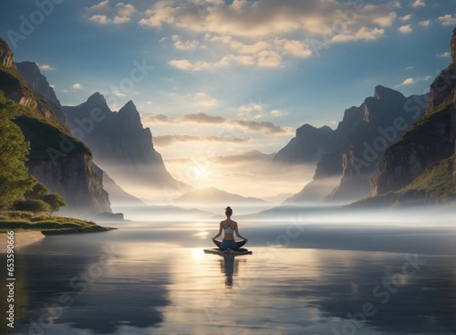 A young woman practicing yoga or meditating in the tranquil natural landscape 