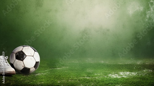 A soccer-themed wallpaper with a soccer ball and cleats on a subtly textured grassy field background, providing an elegant and sporty setting for text placement. AI generated