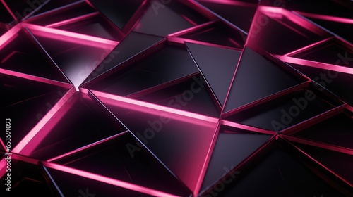 Neon pink and black geometric background. Black Friday Sale, Cyber Monday concept. Abstract modern glowing magenta shapes digital art. Futuristic illustration for wallpaper, website design, poster.
