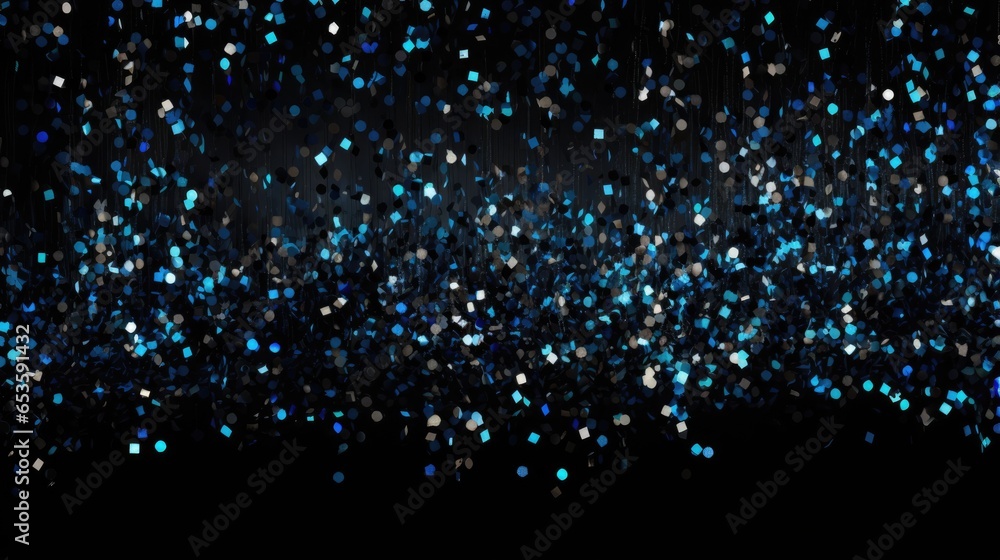 Electric blue confetti on black background. Black Friday sale, Christmas, New Year concept. Shiny sparkling glitters festive template for card, invitation, poster, banner. .