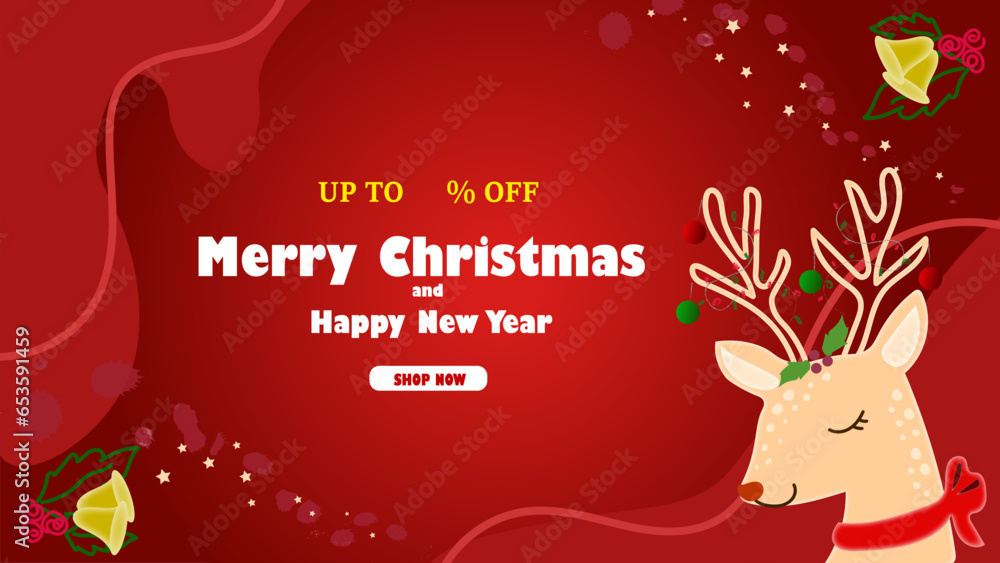 Banner for Christmas and New Year Suitable for trading in children's clothing. Christmas background with deer, bells and sparkling stars decorated on a red background. Banner for Christmas and New Year Suitable for trading in children's clothing. Christmas background with deer, bells and sparkling stars decorated on a red background.