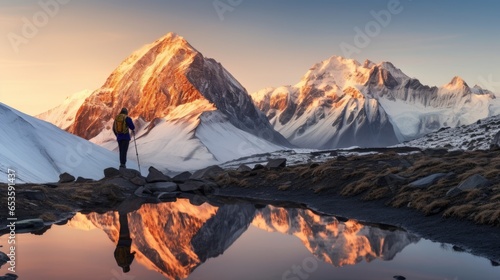 Lonely traveler man with bagpack in mountains landscape background. Hiker traveling outdoor alone. Sport, tourism and hiking concept..