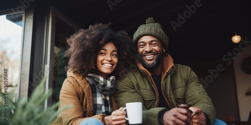 Close-up photo of a young African American couple in a motorhome. They drink morning coffee and looking at camera. Traveling as a couple is an excuse to escape from the hustle and bustle of the big