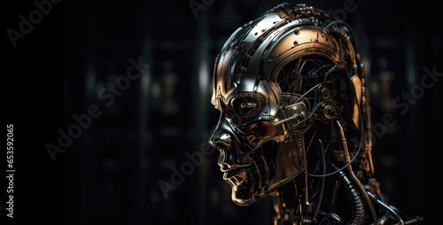 Sinister cyborg head in AI concept